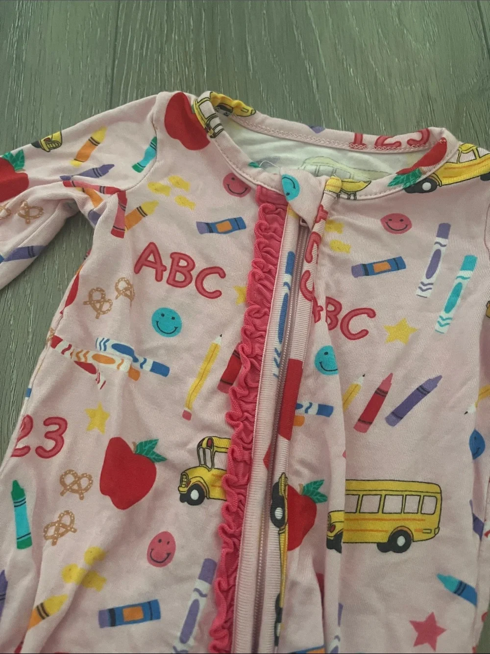 RuffleButts Pink School convertible ruffle one-piece pajama size 0-3 months